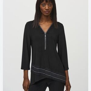 Joseph Ribkoff Black Jersey Knit Flare Tunic rhinestone zipper accent lace 10